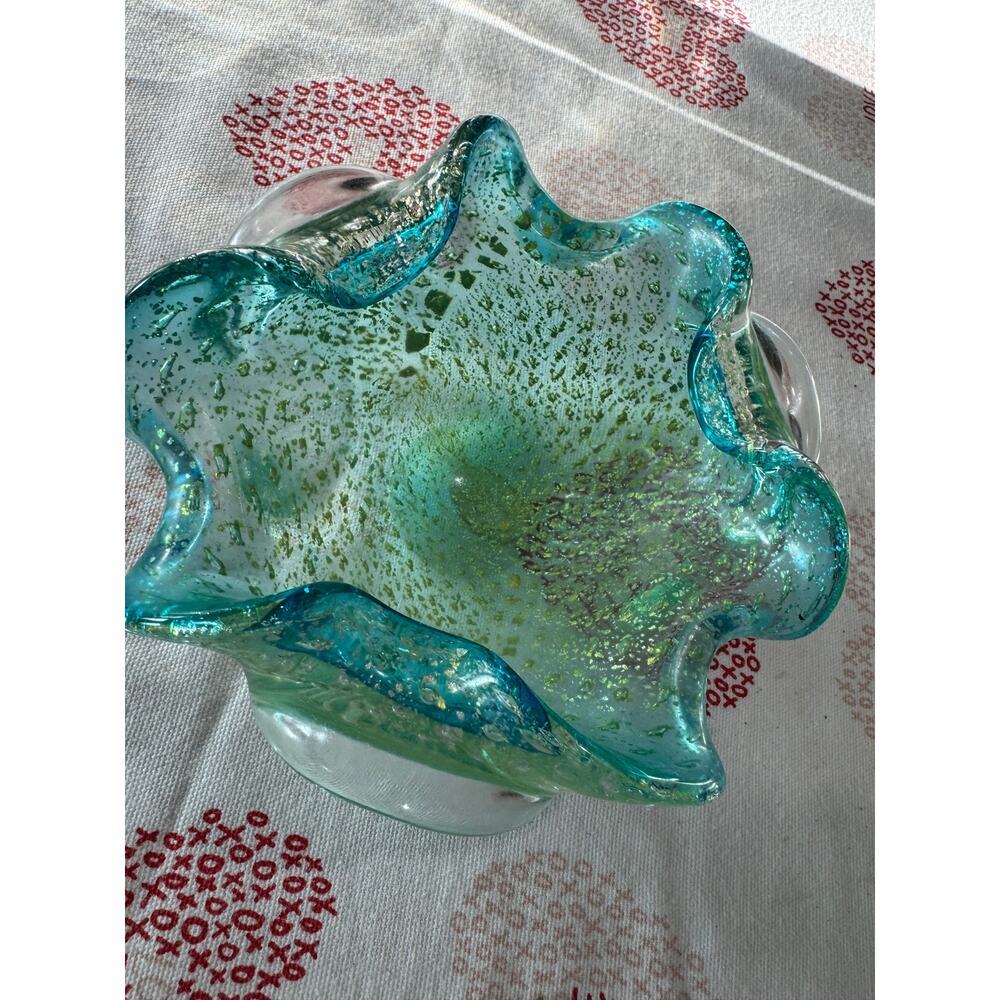Vtg Murano Bollinato Blue Metallic Gold Fleck Scalloped Art Glass Bowl Ashtray - Picture 8 of 16